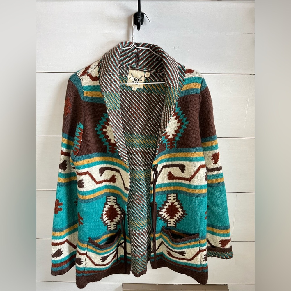 Cotton & Rye Outfitters Teal and Brown Patterned Cardigan